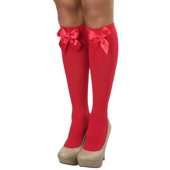 ToBeInStyle Women's Opaque Knee High w/ Satin Bow - Red/Red