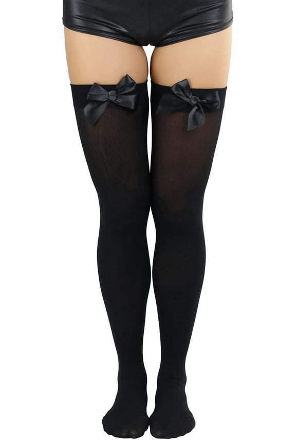 Women's Opaque Satin Bow Accent Thigh Highs - Black - Plus