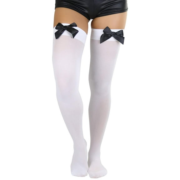 ToBeInStyle Women's Opaque Satin Bow Accent Thigh Highs - White/Black - One Size