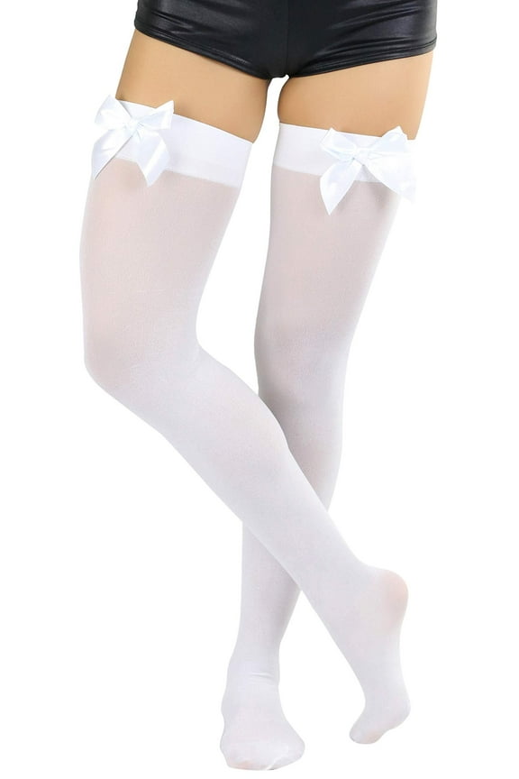 Women's Opaque Satin Bow Accent Thigh Highs - White - One Size