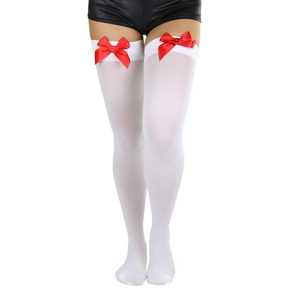 ToBeInStyle Women's Opaque Satin Bow Accent Thigh Highs - White/Red - One Size