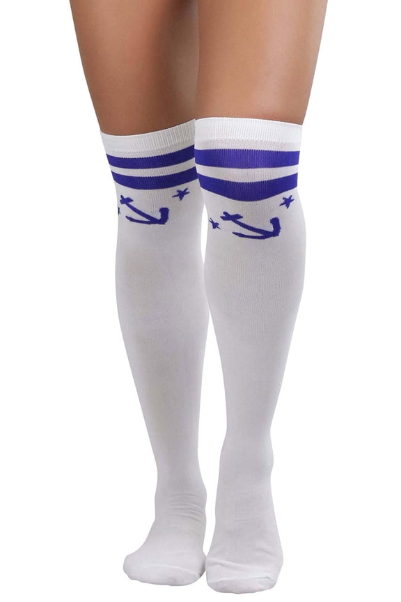 Women's Opaque Thigh High Socks w/ Ship Anchor & Star Print - White/Blue