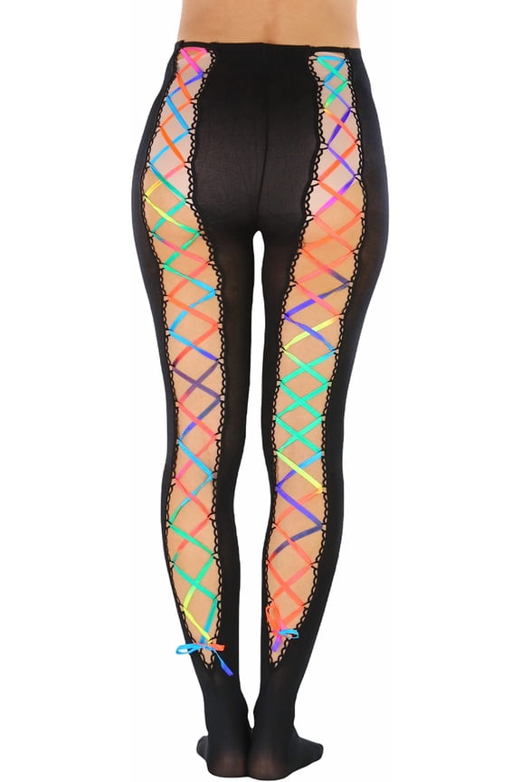 Women's Opaque Tights w/ Wide Open Lace Up Multicolored Rainbow Backseam - Black