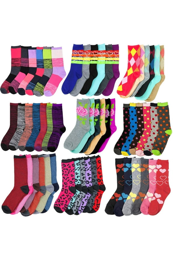 Women's Pack of 12 Randomly Assorted Pairs of Fashion Printed Crew Socks Size 9-11