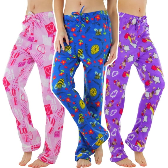 ToBeInStyle Women's Pack of 3 Assorted Print Fleece Lined Pajama Bottoms - Cheerful Funky Love - X-Large