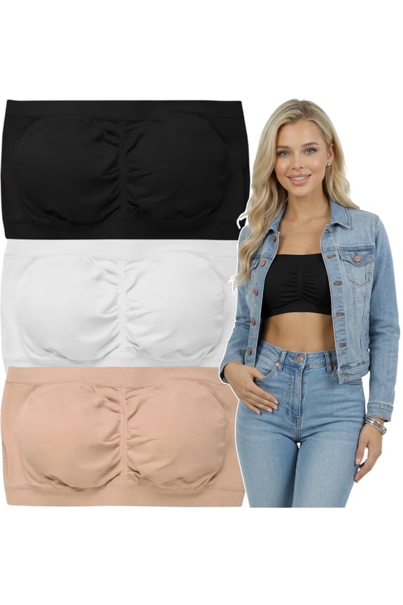 Women's Pack of 3 or 6 Seamless Classic Ruched Tube Top Bras w/ Removable Pads - 3 Pack: Assorted - One Size Plus