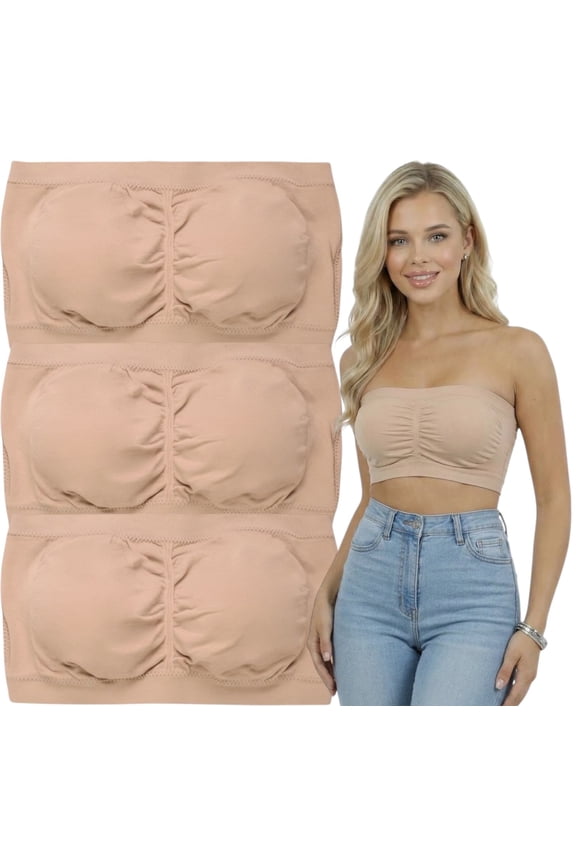 Women's Pack of 3 or 6 Seamless Classic Ruched Tube Top Bras w/ Removable Pads - 3 Pack: Beige - One Size