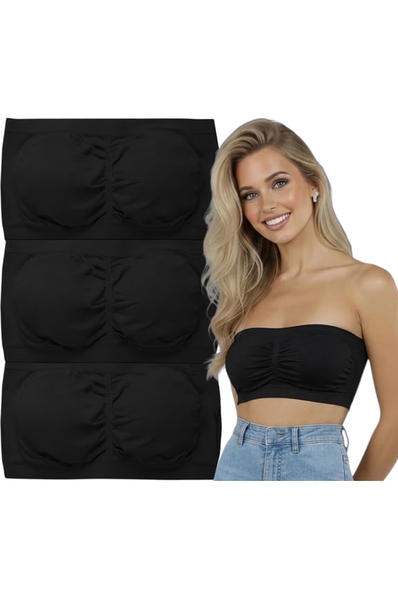 Women's Pack of 3 or 6 Seamless Classic Ruched Tube Top Bras w/ Removable Pads - 3 Pack: Black - One Size Plus