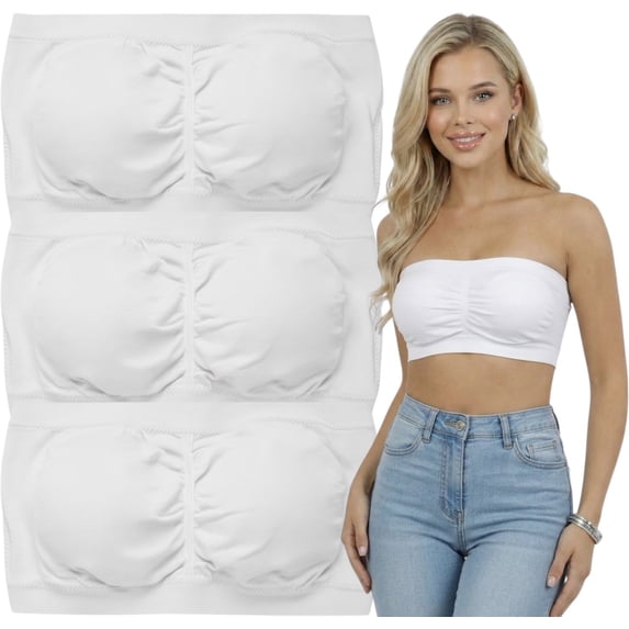 ToBeInStyle Women's Pack of 3 or 6 Seamless Classic Ruched Tube Top Bras w/ Removable Pads - 3 Pack: White - One Size Plus