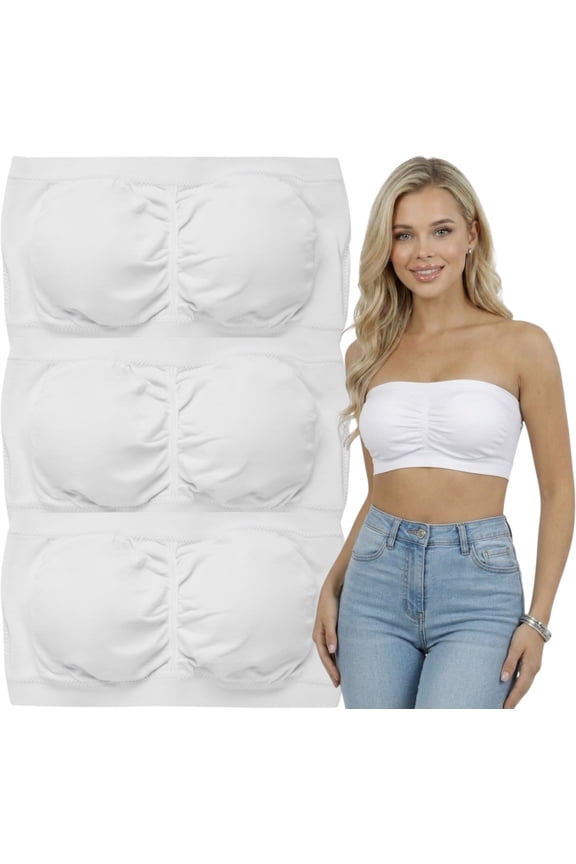Women's Pack of 3 or 6 Seamless Classic Ruched Tube Top Bras w/ Removable Pads - 3 Pack: White - One Size Plus