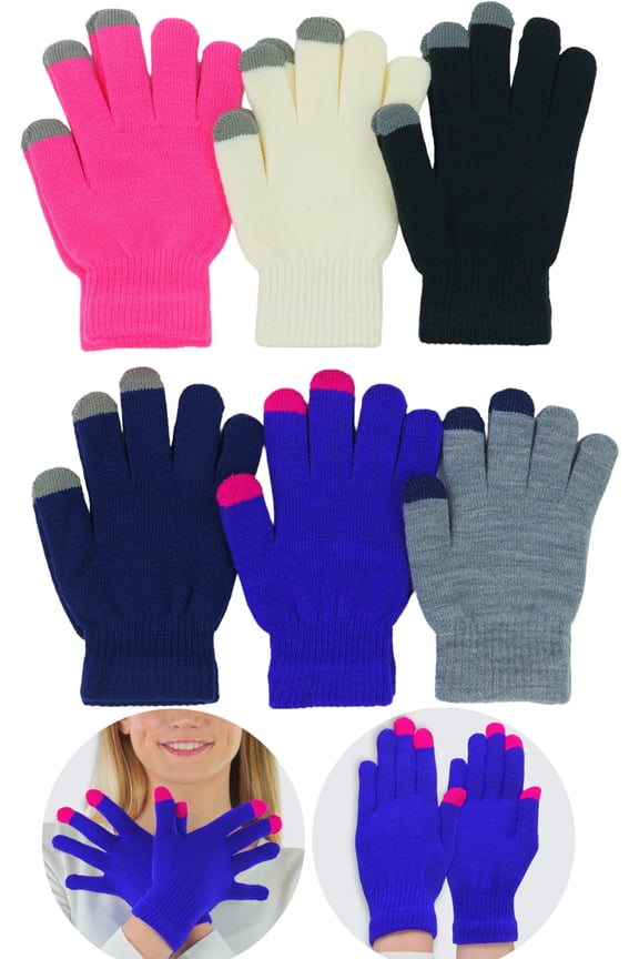 Women's Pack of 6 Acrylic Magic Gloves - Touch Screen Assorted - One Size