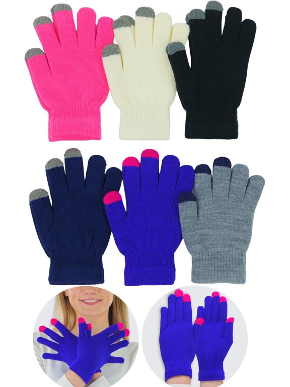 Women's Pack of 6 Acrylic Magic Gloves - Touch Screen Assorted - One Size