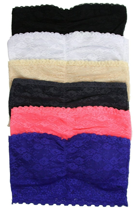 Women's Pack of 6 All Lace Double Layer Chest Sheer Back Tube Tops