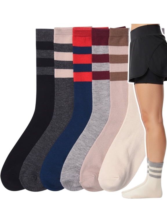 Women's Pack of 6 Crew Socks - Color Block Top Stripes - 9-11