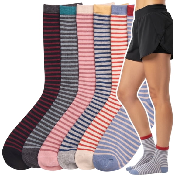 ToBeInStyle Women's Pack of 6 Crew Socks - Horizontal Stripes - 9-11