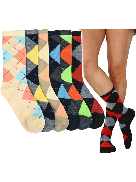 Women's Pack of 6 Fashion Printed Crew Sock - Classic Argyle