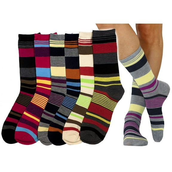 ToBeInStyle Women's Pack of 6 Fashion Printed Crew Sock - Dark Stripes