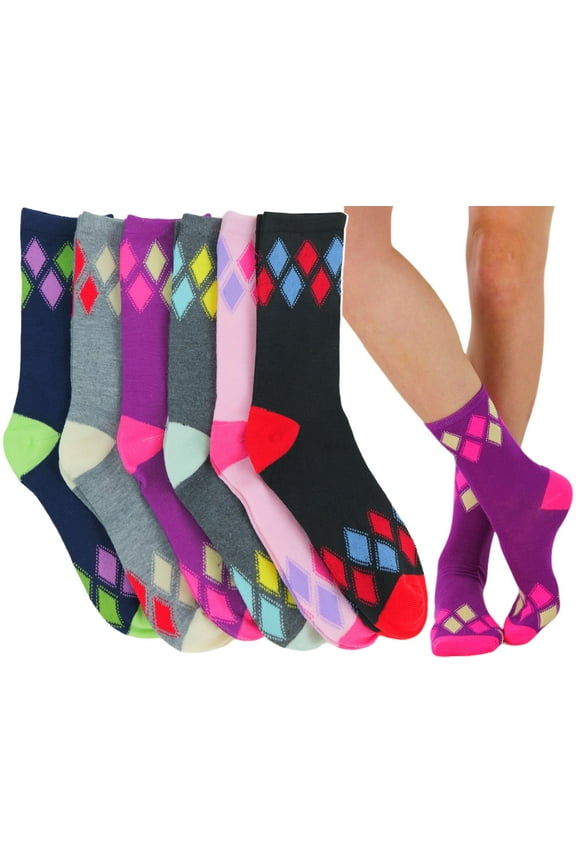 Women's Pack of 6 Fashion Printed Crew Sock - Edge Argyle