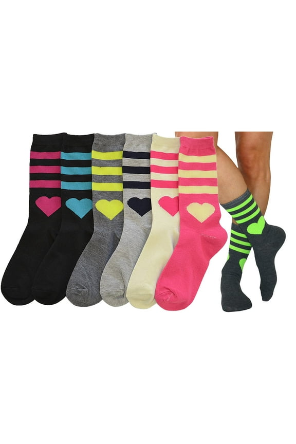 Women's Pack of 6 Fashion Printed Crew Sock - Stripes & Heart