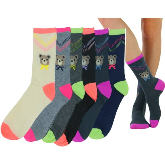 ToBeInStyle Women's Pack of 6 Fashion Printed Crew Sock - Teddy Bear