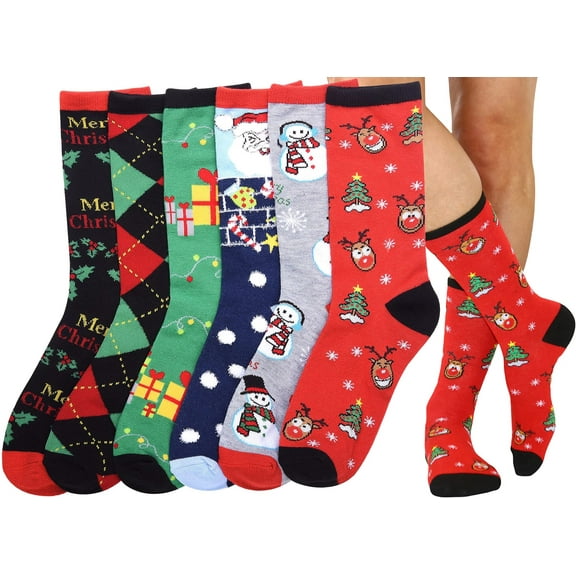 ToBeInStyle Women's Pack of 6 Fashion Printed Crew Sock - X-Mas Classics