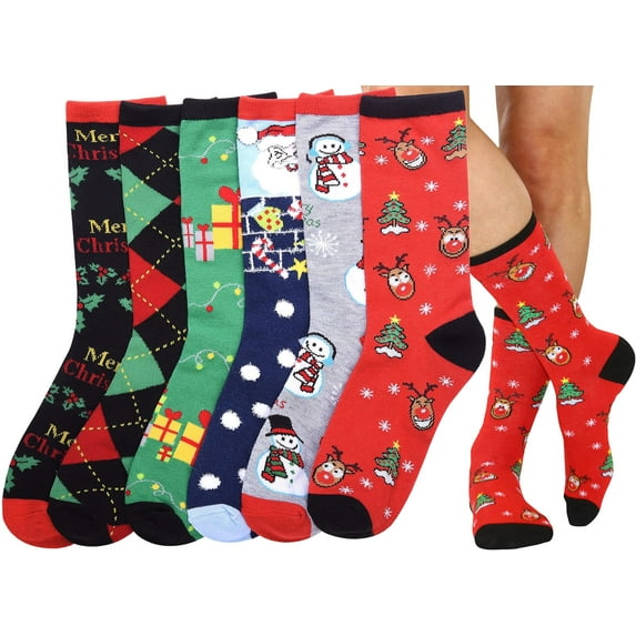 ToBeInStyle Women's Pack of 6 Fashion Printed Crew Sock - X-Mas Classics
