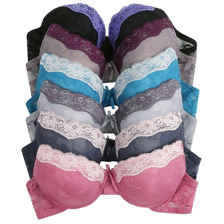247 Frenzy Women's Essentials Sofra or Mamia PACK OF 6 Demi Cup Lace Accent  Push Up Bras 