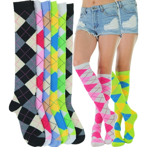 ToBeInStyle Women's Pack of 6 Knee High Socks - Argyle Patterned Analagous Color Sets
