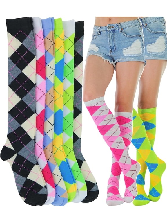 Women's Pack of 6 Knee High Socks - Argyle Patterned Analagous Color Sets