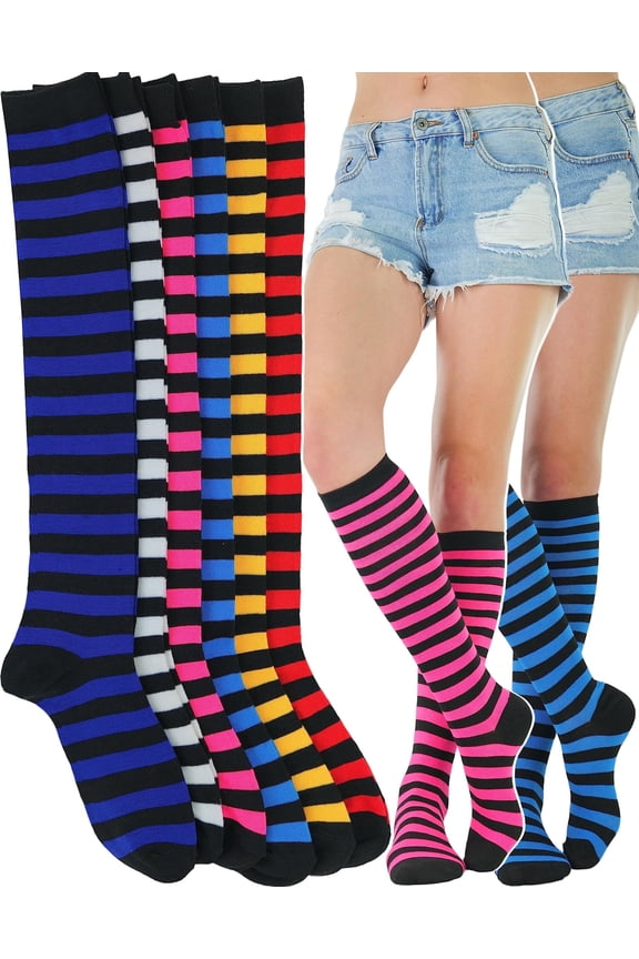 Women's Pack of 6 Knee High Socks - Assorted Knee-Highs w/Triple Black or White Stripes