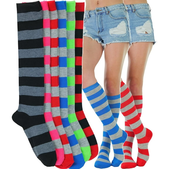ToBeInStyle Women's Pack of 6 Knee High Socks - Assorted w/Grey Stripes