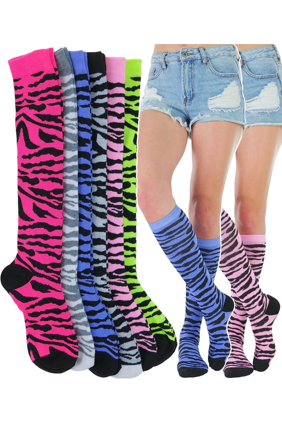Women's Pack of 6 Knee High Socks - Assorted w/Zebra Stripe Patterned