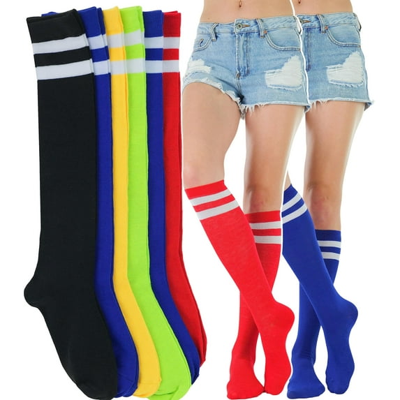 ToBeInStyle Women's Pack of 6 Knee High Socks - Colored Assortment with 2 White Stripes