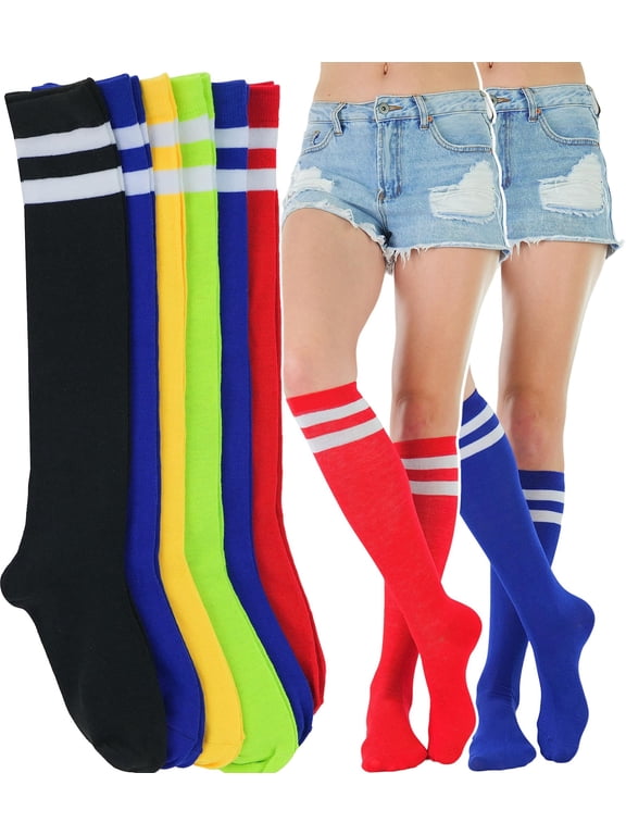 Women's Pack of 6 Knee High Socks - Colored Assortment with 2 White Stripes