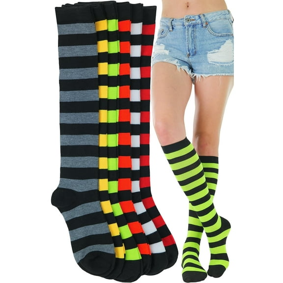 ToBeInStyle Women's Pack of 6 Knee High Socks - Full Body Black w/Thick Color Stripes