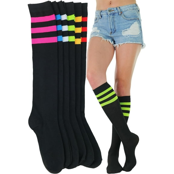 ToBeInStyle Women's Pack of 6 Knee High Socks - Three Line Colored - Black