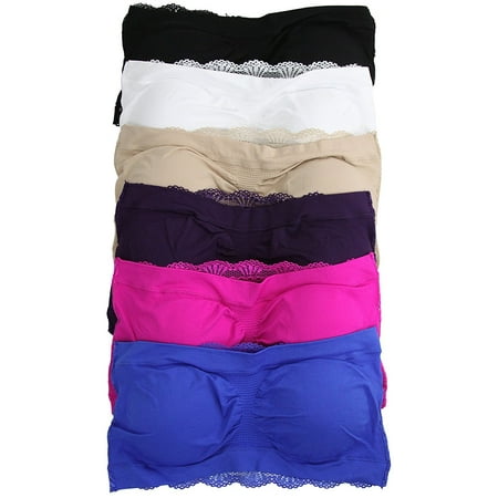 ToBeInStyle Women's Pack of 6 Microfiber Padded Bandeau Bras Floral Lace Back