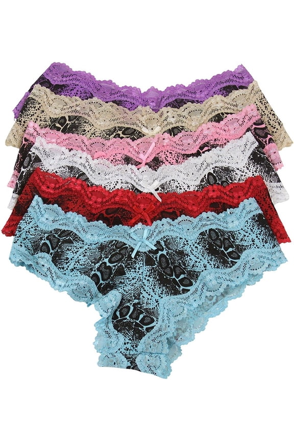 Women's Pack of 6 Panties in Snakeskin Print with Lace