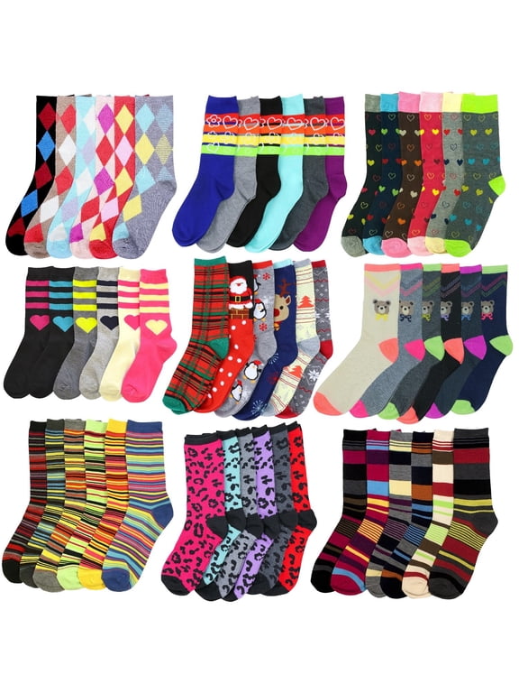 Women's Pack of 6 Randomly Assorted Pairs of Fashion Printed Crew Socks -Size 9-11