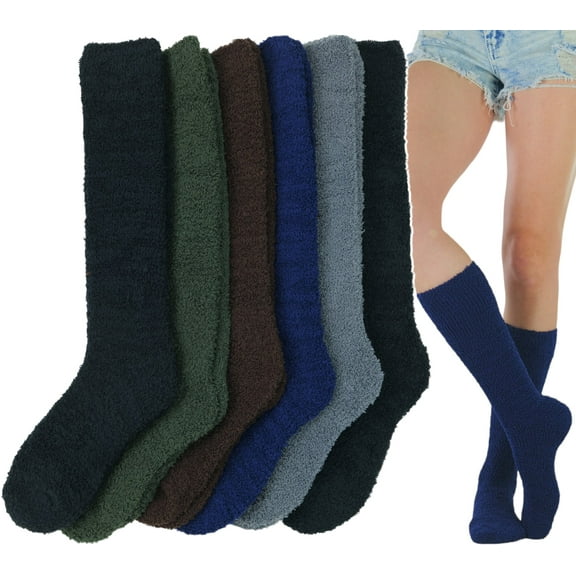 ToBeInStyle Women's Pack of 6 Soft & Cozy Fuzzy Fleece Plush Knee High Socks - Dark Colors - One Size