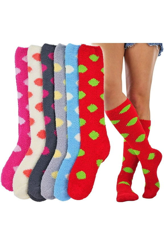 Women's Pack of 6 Soft & Cozy Fuzzy Fleece Plush Knee High Socks - Dot Pattern - One Size