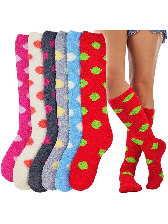 Women's Pack of 6 Soft & Cozy Fuzzy Fleece Plush Knee High Socks - Dot Pattern - One Size