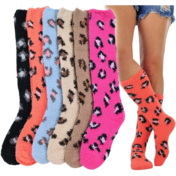 ToBeInStyle Women's Pack of 6 Soft & Cozy Fuzzy Fleece Plush Knee High Socks - Leopard Print - One Size