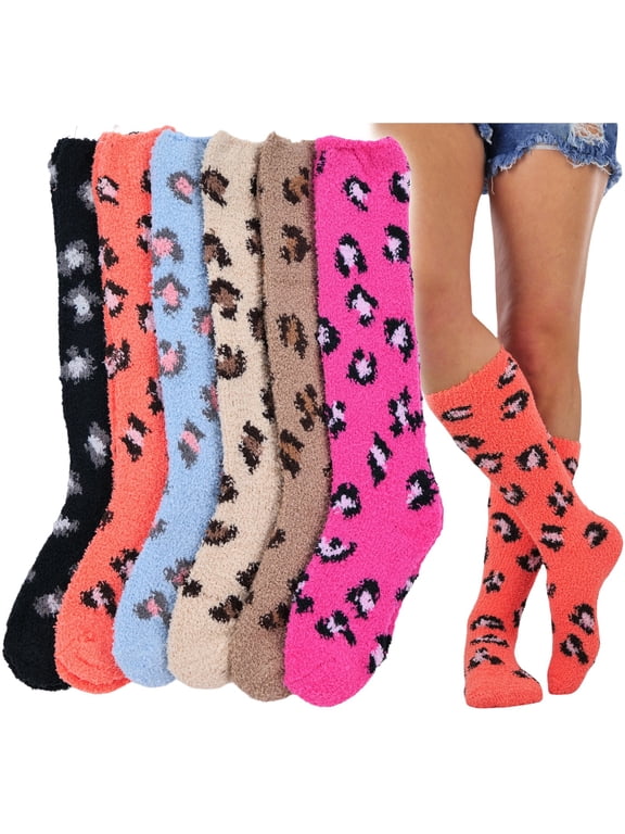 Women's Pack of 6 Soft & Cozy Fuzzy Fleece Plush Knee High Socks - Leopard Print - One Size