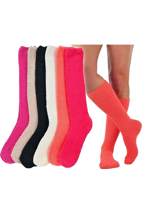 Women's Pack of 6 Soft & Cozy Fuzzy Fleece Plush Knee High Socks - Light Colors - One Size