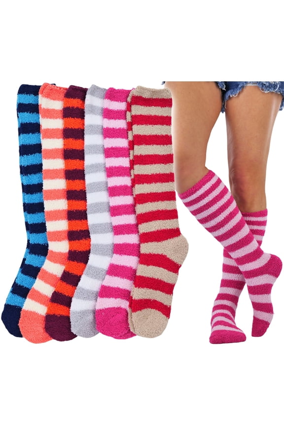 Women's Pack of 6 Soft & Cozy Fuzzy Fleece Plush Knee High Socks - Striped - One Size