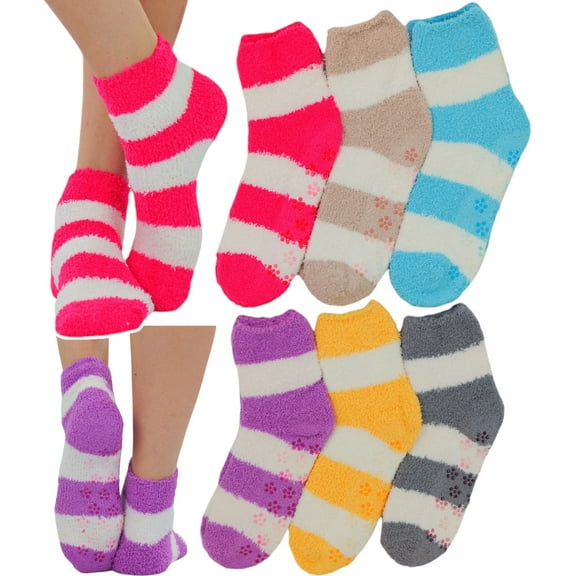ToBeInStyle Women's Pack of 6 Soft Plush Warm Fuzzy Winter Socks - Bright Striped Non Slip