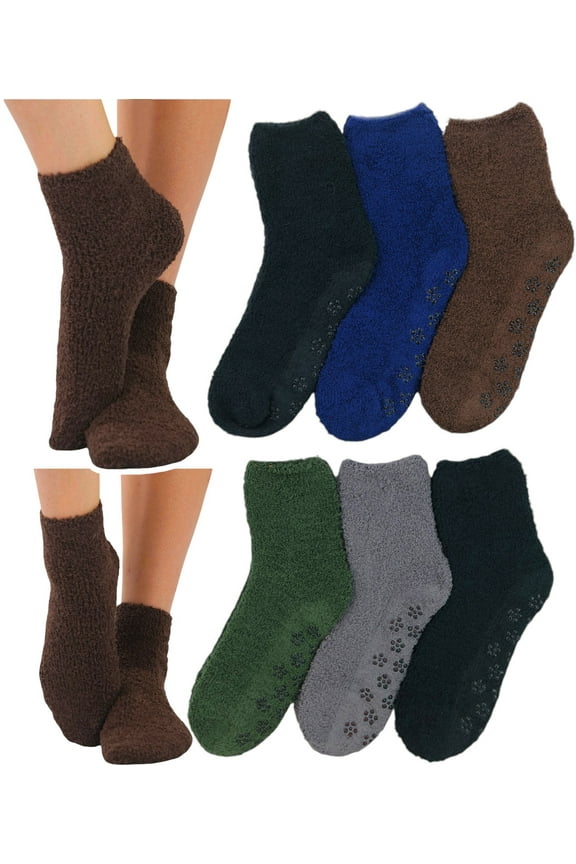 Women's Pack of 6 Soft Plush Warm Fuzzy Winter Socks - Dark Colors Non Slip