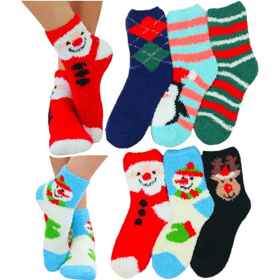ToBeInStyle Women's Pack of 6 Soft Plush Warm Fuzzy Winter Socks - Holiday Prints