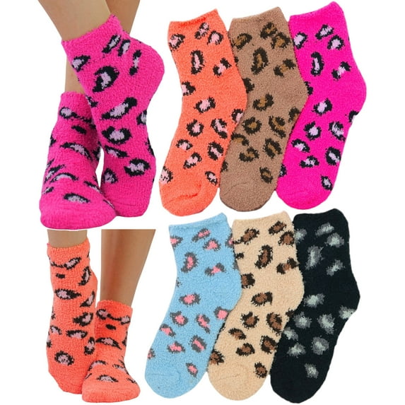 ToBeInStyle Women's Pack of 6 Soft Plush Warm Fuzzy Winter Socks - Leopard Spots